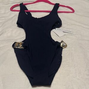 New Robin Piccone Navy One-Piece Swimsuit with Gold Hardware